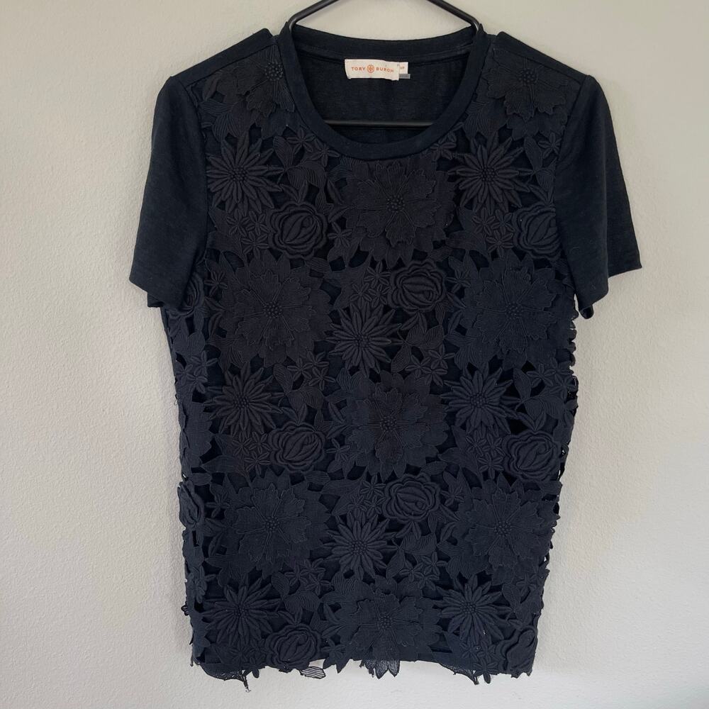 TORY BURCH Black Floral Embroidered Eyelet Top (S)